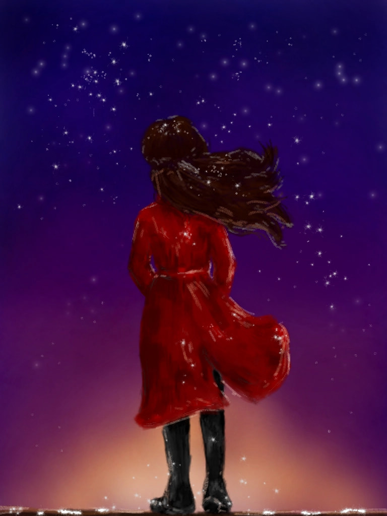 Random... I think I used eight or nine brushes, mostly for the stars 😊 #fridayswithsketch #manybrushes #girl #redcoat #nightsky #stars