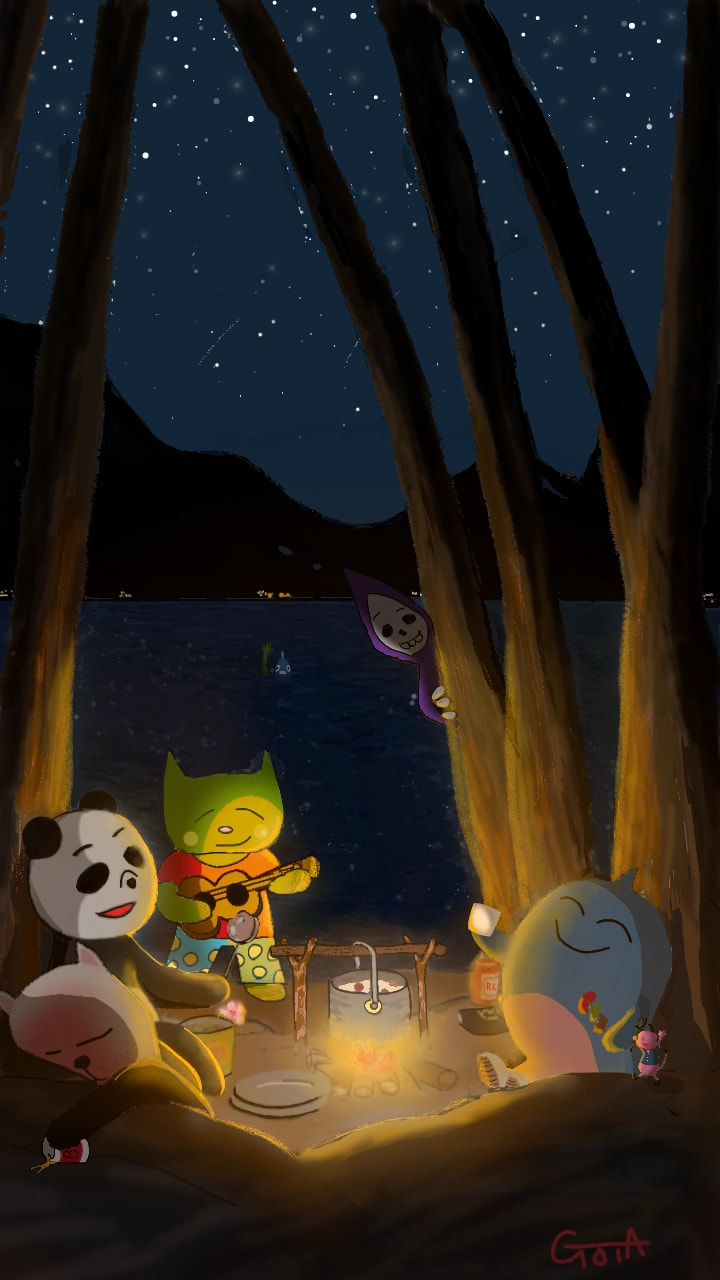 I hope that the bonfire will never disappear. In the forest there is a lake, and there are people playing there.  They ate dinner with a bonfire at night. #sonysketch #SaveSketch #otto #endoftheworld #パン美 #myart